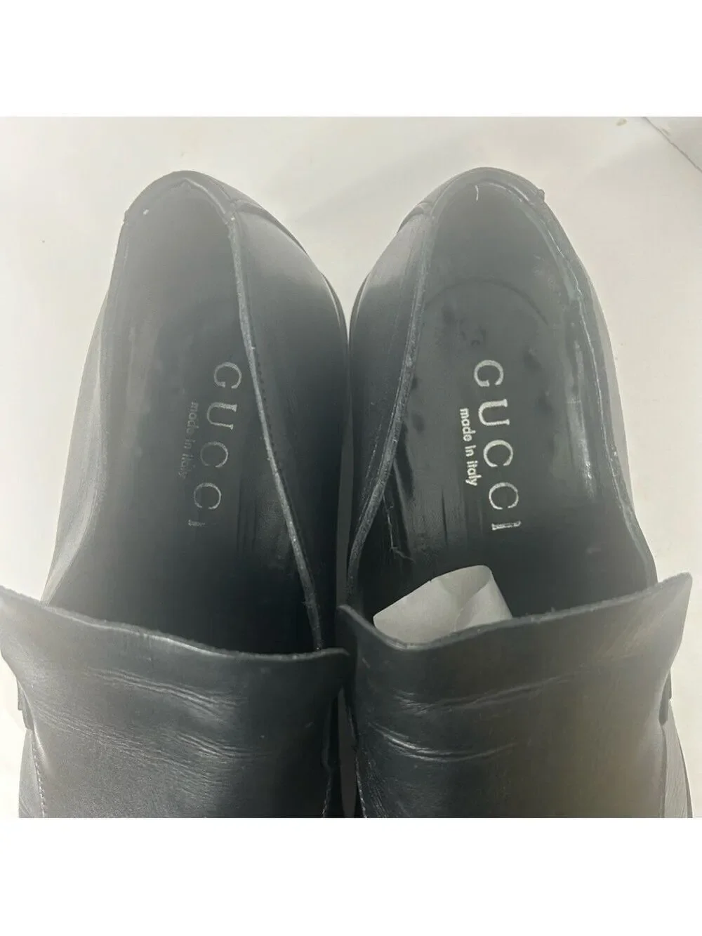 Authentic GUCCI Men’s Leather Loafers Black Luxury Silver Logo 10.5E/44.5